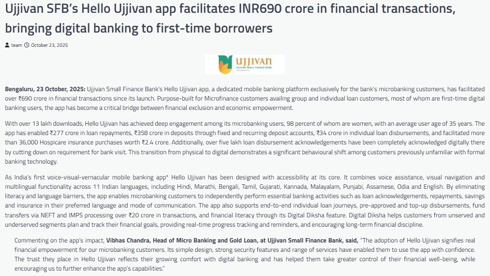 Ujjivan SFB’s Hello Ujjivan app facilitates INR690 crore in financial transactions, bringing digital banking to first-time borrowers