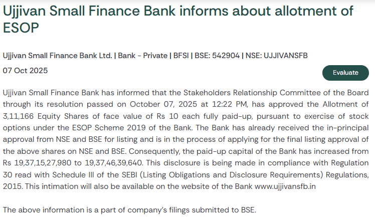 Ujjivan Small Finance Bank informs about allotment of ESOP