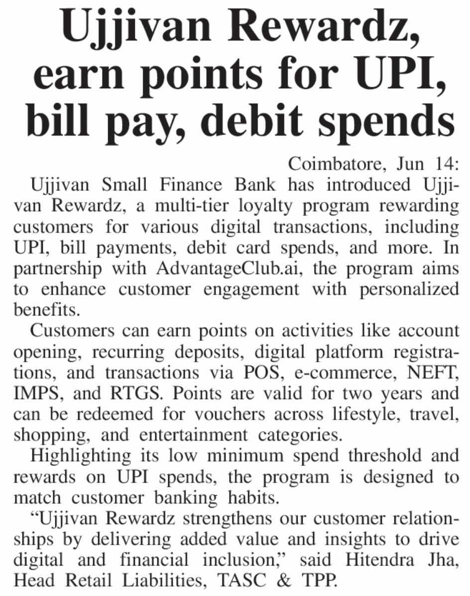 Ujjivan Rewardz, earn point for UPI, bill pay, debit spends
