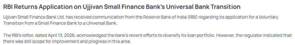RBI Returns Application on Ujjivan Small Finance Bank s Universal Bank Transition