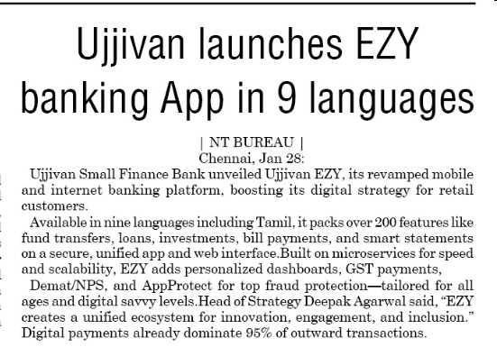 Ujjivan launches EZY banking App in 9 languages (28/01/2026)