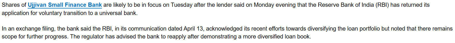 RBI returns Ujjivan SFB s universal bank licence bid; asks to reapply