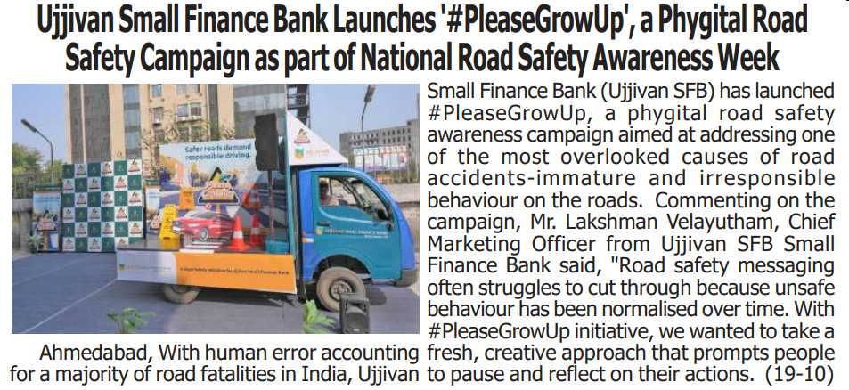 Ujjivan Small Finance Bank Launches '#PleaseGrowUp', a Phygital Road Safety Campaign as part of National Road Safety Awareness Week