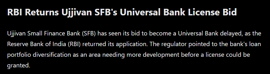 RBI Returns Ujjivan SFB Universal Bank License Bid Over Loan Gaps