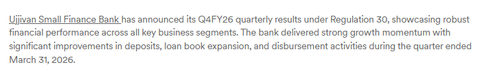 Ujjivan Small Finance Bank Reports Q4FY26 Results with Total Deposits of ?45,661 Cr