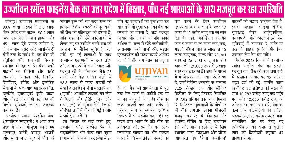 Ujjivan Small Finance Bank Expands in Uttar Pradesh, Strengthens Presence with Five New Branches
