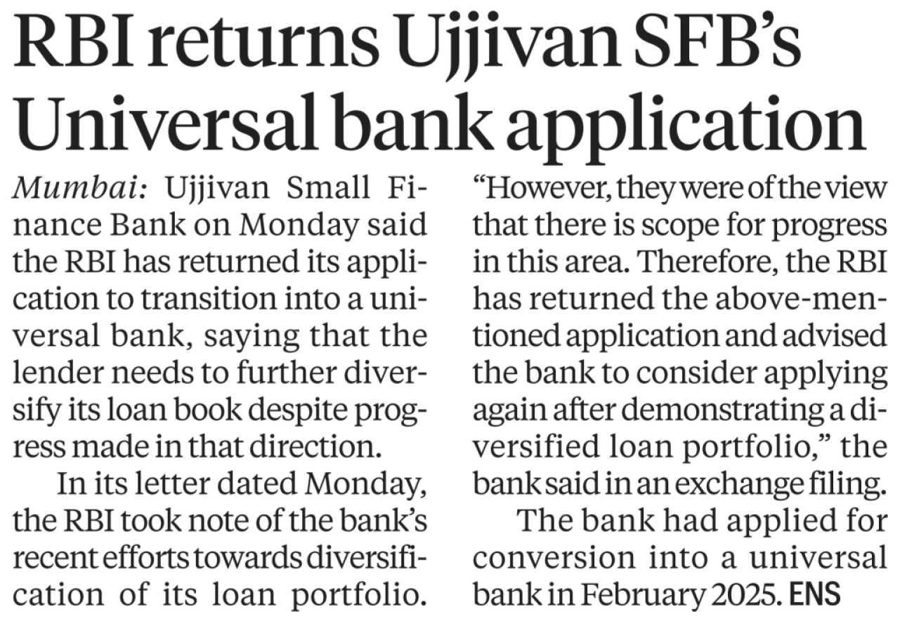 RBI returns Ujjivan SFB's Universal bank application