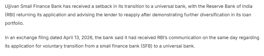 RBI returns Ujjivan Small Finance Bank s universal bank licence bid; asks lender to reapply