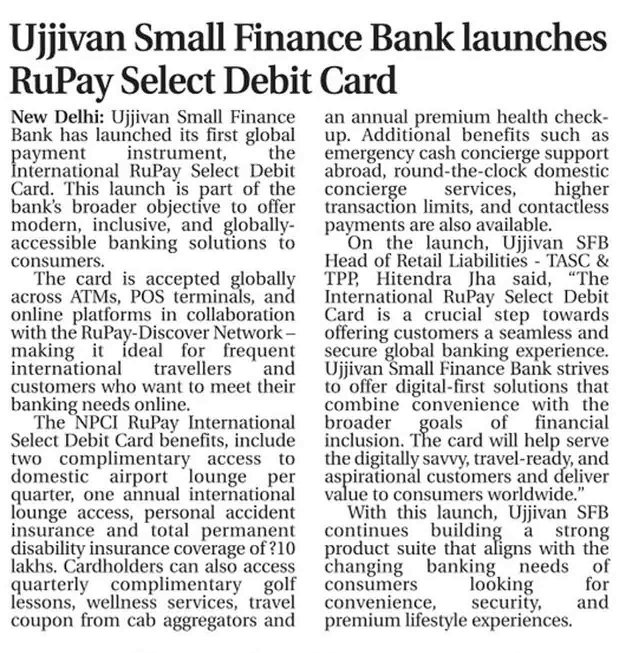 Ujjivan Small Finance Bank launches RuPay Select Debit Card