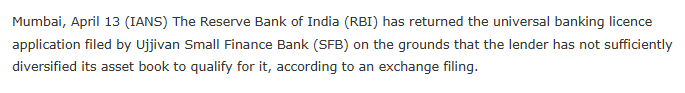Ujjivan fails to get RBI nod for universal banking licence