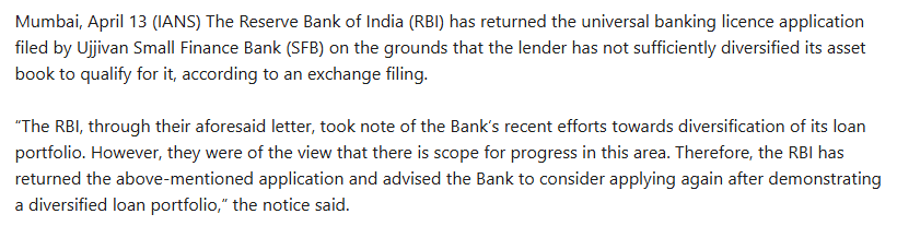 Ujjivan fails to get RBI nod for universal banking licence