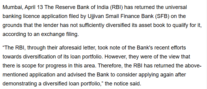 Ujjivan fails to get RBI nod for universal banking licence
