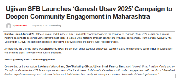 Ujjivan SFB Launches ‘Ganesh Utsav 2025’ Campaign to Deepen Community Engagement in Maharashtra
