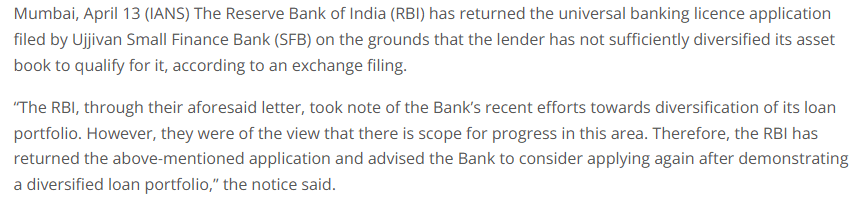 Ujjivan fails to get RBI nod for universal banking licence