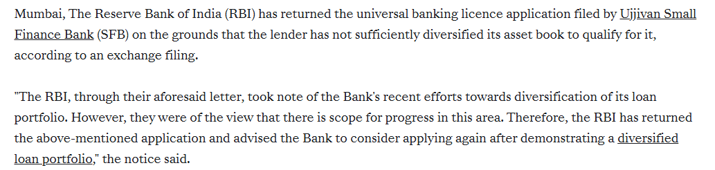 Ujjivan fails to get RBI nod for universal banking licence