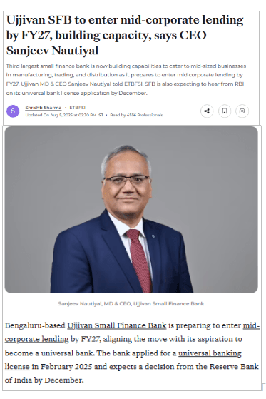 Ujjivan SFB to enter mid-corporate lendi27, building capacity, says CEO Sanjeev Nautiyal