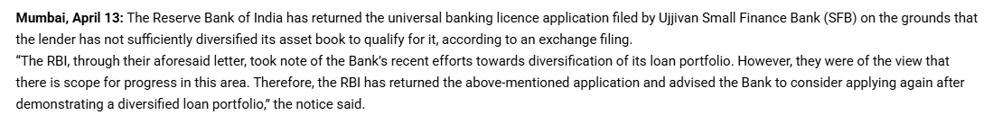 Ujjivan fails to get RBI nod for universal banking licence