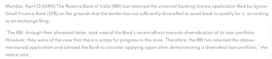 Ujjivan fails to get RBI nod for universal banking licence