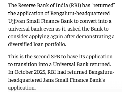 RBI returns Ujjivan SFB s application to transition to a universal bank