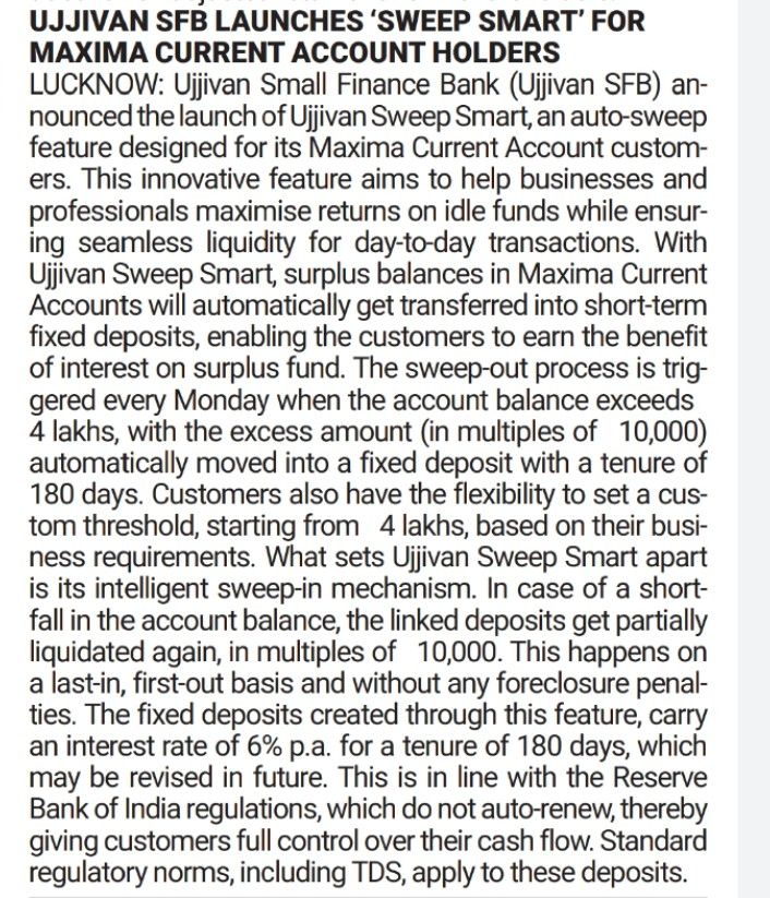 Ujjivan SFB launches 'Sweep Smart' for maxima current account holders