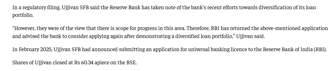 Ujjivan SFB faces setback as RBI returns universal bank licence application