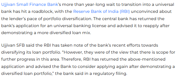 Ujjivan SFB s universal bank plan hits hurdle as RBI returns application