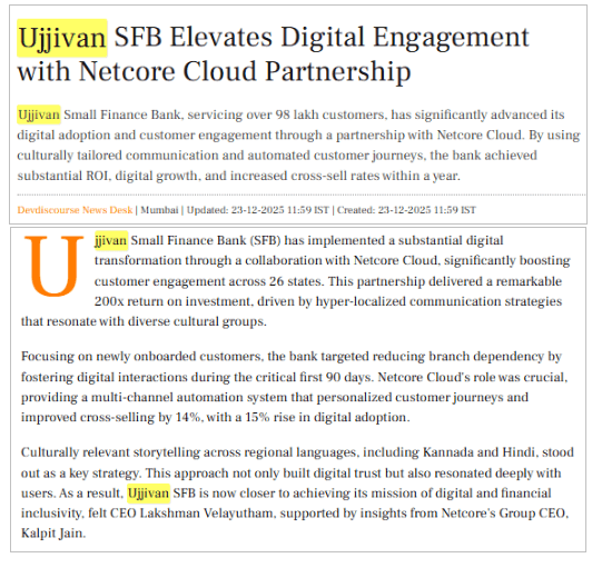 Ujjivan SFB Elevates Digital Engagement with Netcore Cloud Partnership