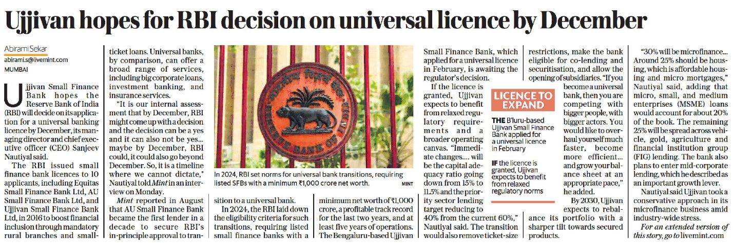 Ujjivan hopes for RBI decision on universal licence by December