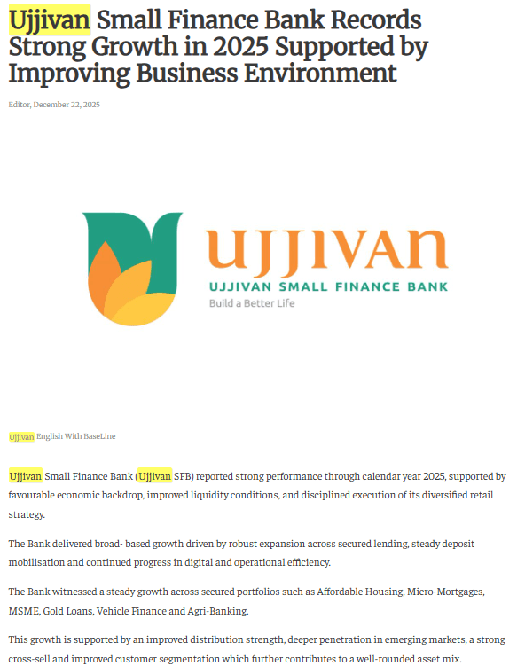 Ujjivan Small Finance Bank Records Strong Growth in 2025 Supported by Improving Business Environment