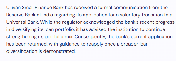 Ujjivan Small Finance Bank RBI Provides Update on Universal Bank Transition Application