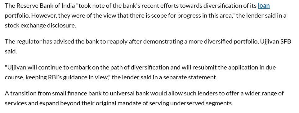 Ujjivan Small Finance Bank says RBI returned universal bank bid