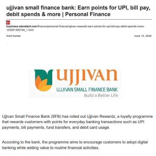 Ujjivan Rewardz: Earn points for UPI, bill pay, debit spends & more