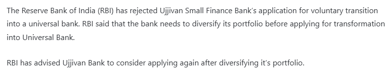 RBI rejects application of Ujjivan Bank to transition into Universal Bank
