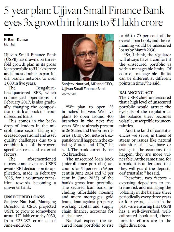 5-year plan: Ujjivan Small Finance Bank eyes 3x growth in loans to Rs1 lakh crore