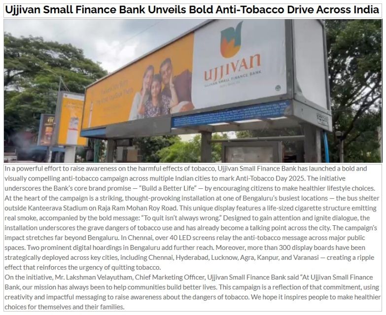 Ujjivan Small Finance Bank Unveils Bold Anti-Tobacco Drive Across India