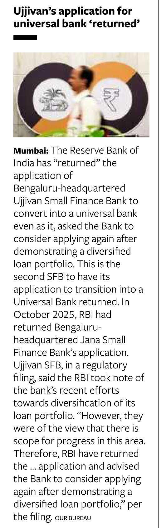 Ujjivan's application for universal bank 'returned'