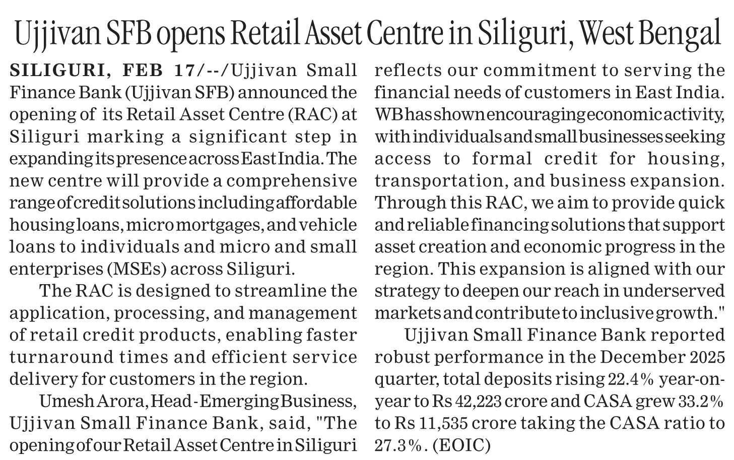 Ujjivan SFB opens Retail Asset Centre in Siliguri, West Bengal
