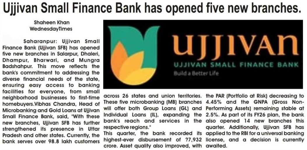 Ujjivan Small Finance Bank has opened five new branches.
