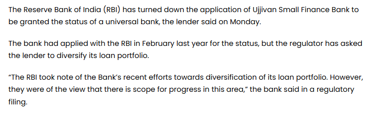 RBI Turns Down Ujjivan SFB s Application For Universal Bank Status
