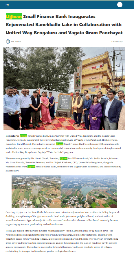 Ujjivan Small Finance Bank Inaugurates Rejuvenated Kanekkallu Lake in Collaboration with United Way Bengaluru and Vagata Gram Panchayat