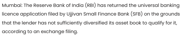 Ujjivan fails to get RBI nod for universal banking licence