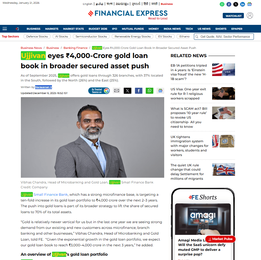 Ujjivan eyes Rs 4,000Crore gold loan book in broader secured asset push