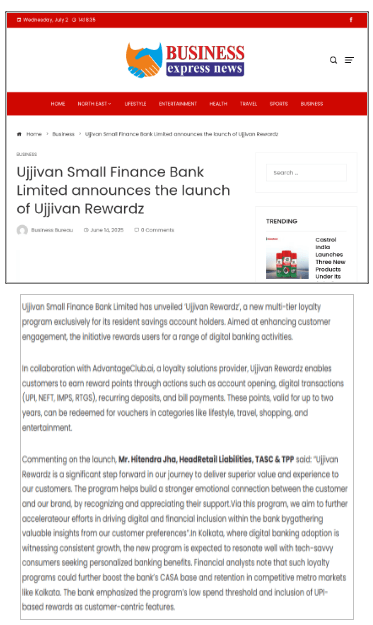 Ujjivan Small Finance Bank Limited announces the launch of Ujjivan Rewardz