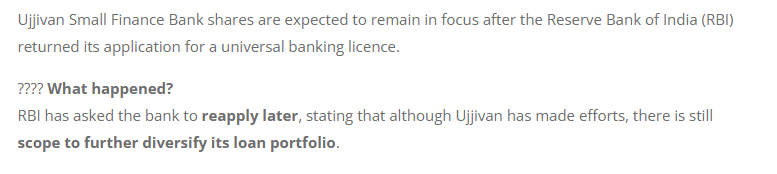 Ujjivan SFB shares in focus as RBI returns universal banking application; check details: Edatabook