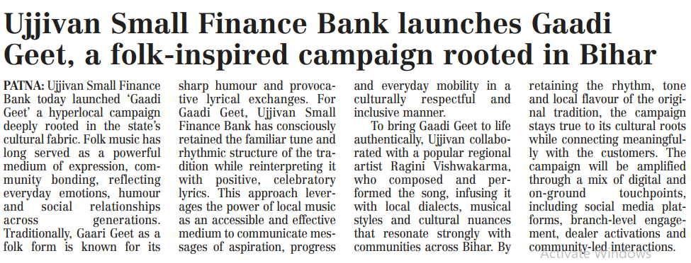 Ujjivan Small Finance Bank launches Gaadi Geet, a folk-inspired campaign rooted in Bihar