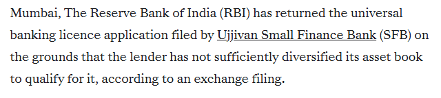 RBI returns Ujjivan Small Finance Bank's application for universal banking licence