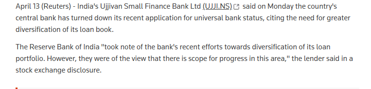 India's Ujjivan Small Finance Bank says RBI returned universal bank bid