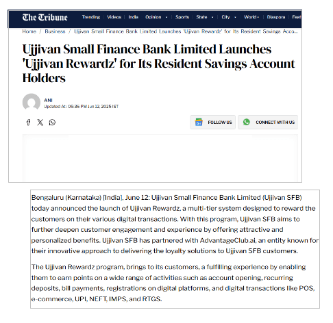 Ujjivan Small Finance Bank Limited Launches Ujjivan Rewardz for Its Resident Savings Account Holders