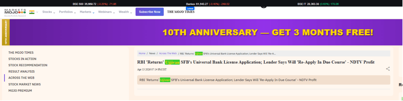 RBI  Returns  Ujjivan SFB s Universal Bank License Application; Lender Says Will  ReApply In Due Course   NDTV Profit
