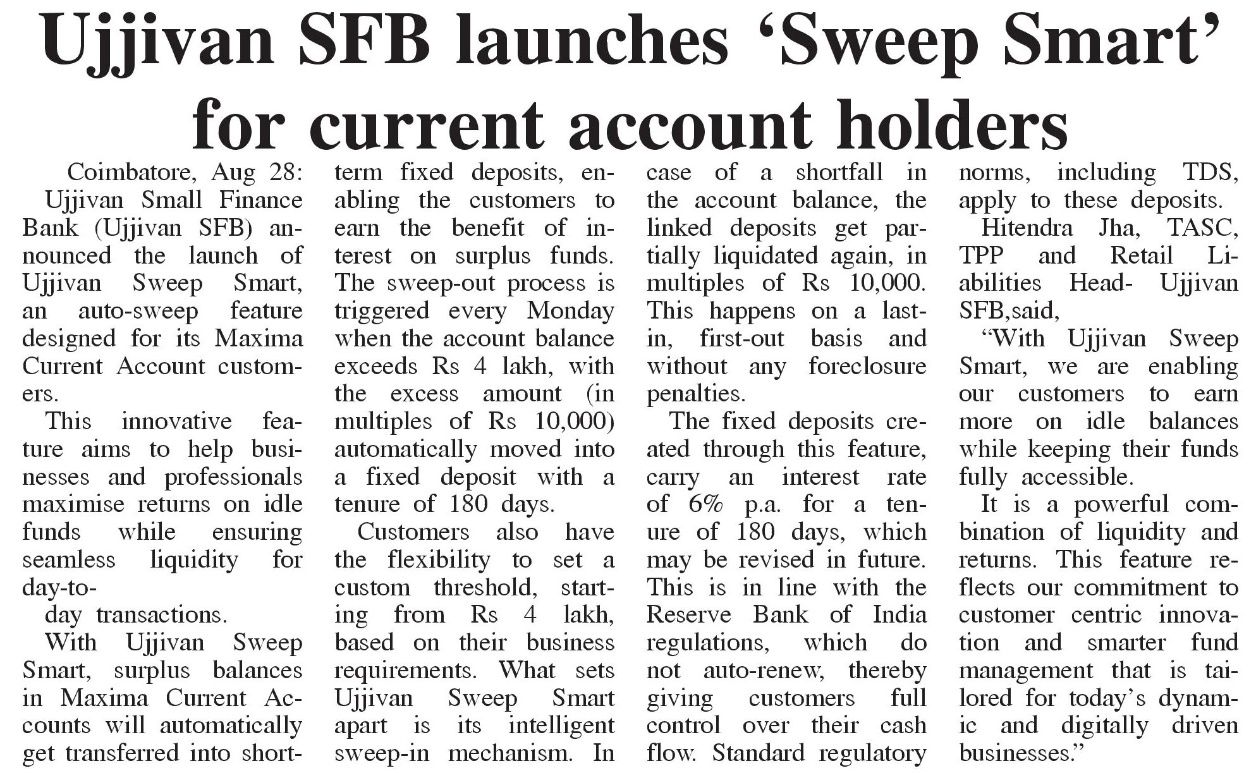 Ujjivan SFB launches Sweep Smart for current account holders